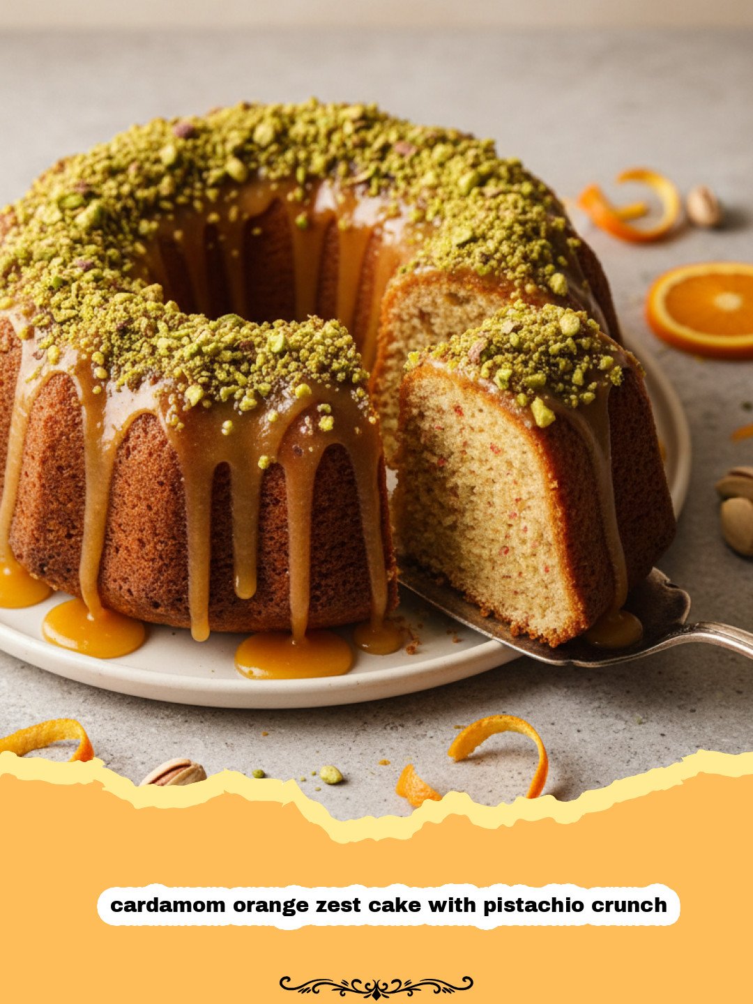 cardamom orange zest cake with pistachio crunch - A golden brown cardamom orange zest cake topped with bright green crushed pistachios.