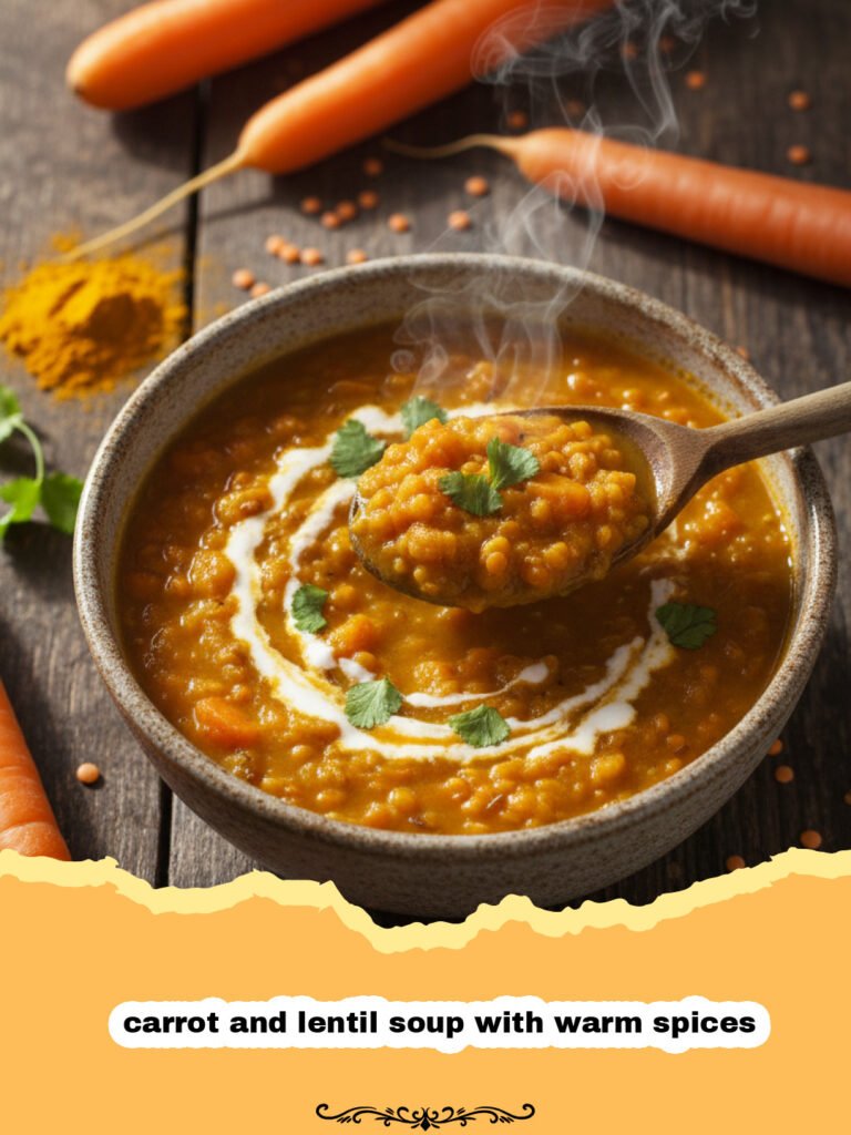 A golden bowl of carrot and lentil soup with warm spices topped with fresh herbs and lemon.