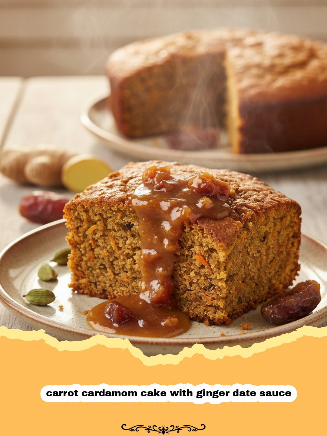 Carrot Cardamom Cake with Ginger Date Sauce 3 carrot cardamom cake with ginger date sauce - A close-up shot of a slice of carrot cardamom cake topped with glistening ginger date sauce on a white plate.