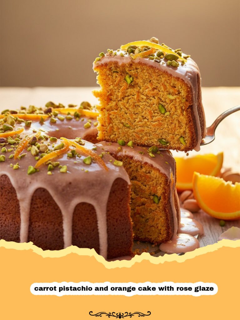 A beautiful carrot pistachio and orange cake with rose glaze on a white platter garnished with nuts and rose petals.