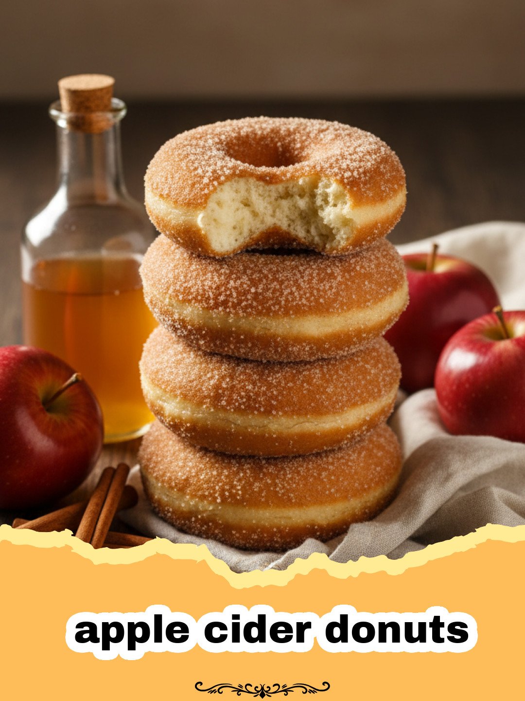 The Ultimate Baked Apple Cider Donuts Recipe 3 A stack of golden brown apple cider donuts coated in cinnamon sugar.