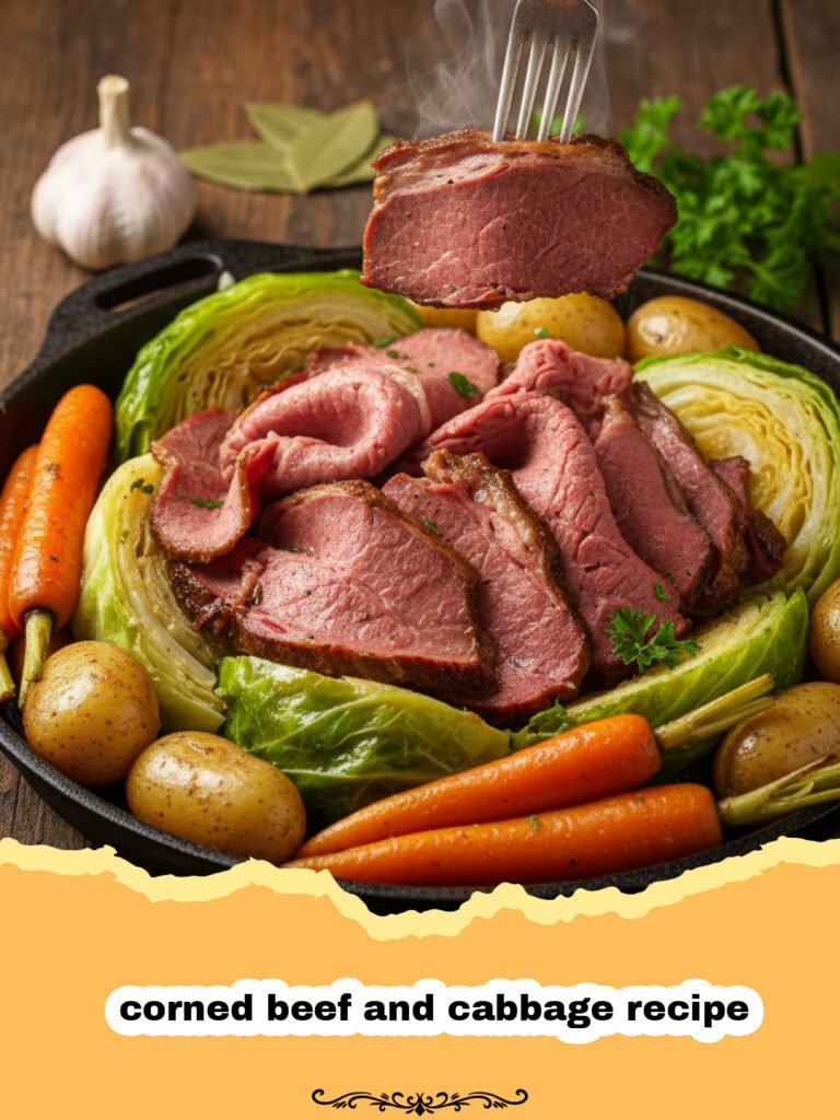 corned beef and cabbage recipe - Tender sliced corned beef on a platter with cabbage wedges, carrots, and potatoes.
