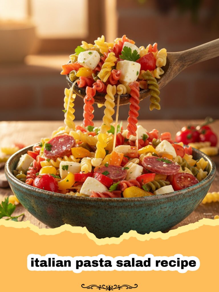 italian pasta salad recipe - A colorful bowl of Italian pasta salad with rotini, vegetables, and salami