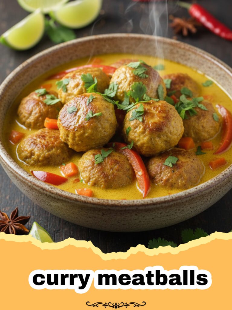 The Ultimate Creamy Coconut Curry Meatballs 5 A white bowl filled with creamy curry meatballs over rice, garnished with cilantro and lime.