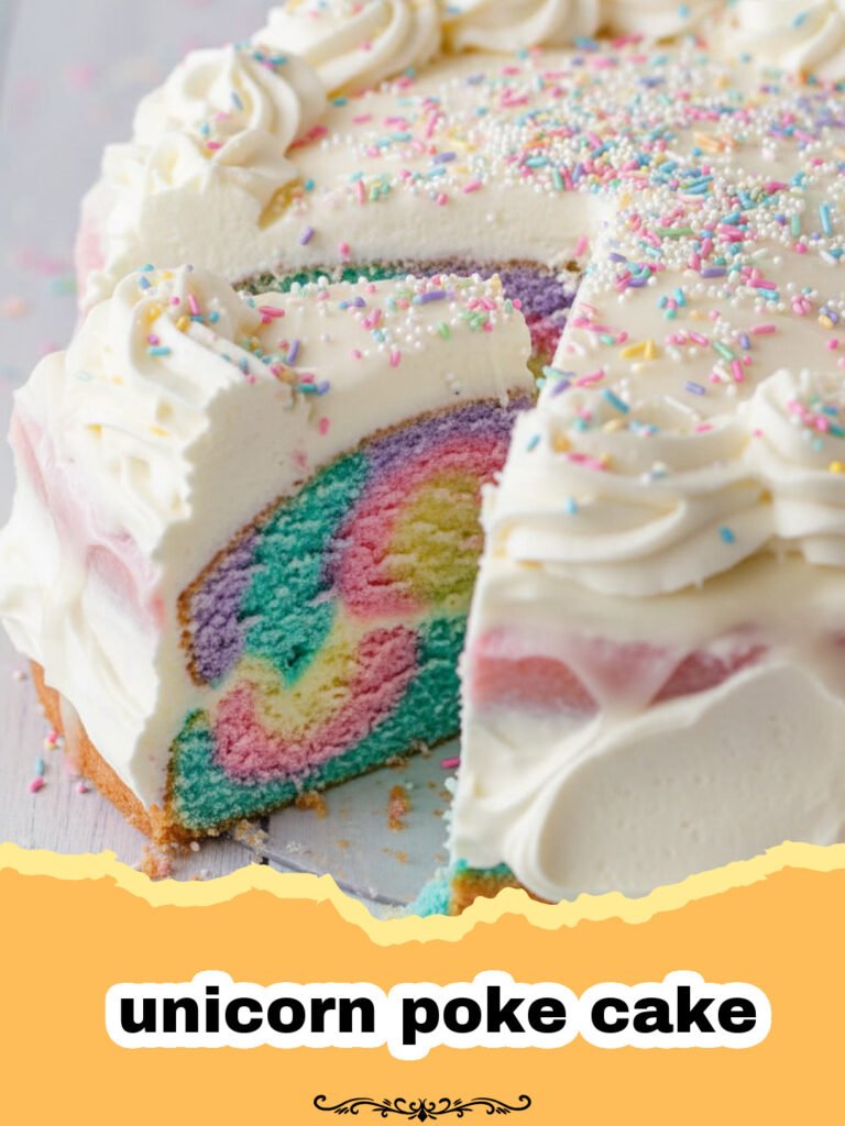 A slice of unicorn poke cake showing colorful rainbow swirls inside and white whipped topping with sprinkles.
