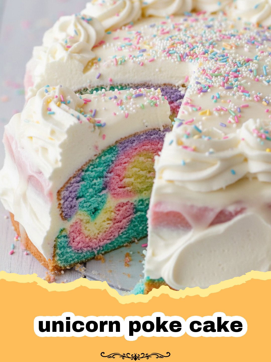 A slice of unicorn poke cake showing colorful rainbow swirls inside and white whipped topping with sprinkles.