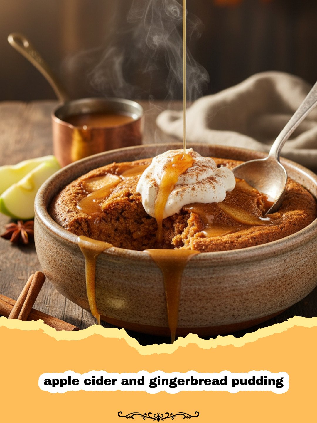 A close-up shot of a warm slice of apple cider and gingerbread pudding topped with whipped cream.