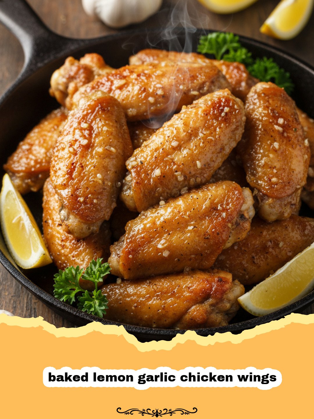 A platter of crispy baked lemon garlic chicken wings garnished with fresh parsley and lemon slices.