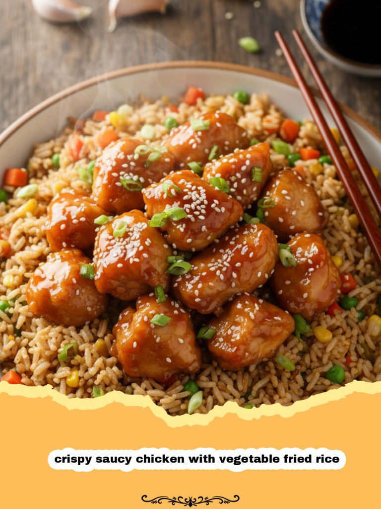 crispy saucy chicken with vegetable fried rice - A bowl of crispy saucy chicken served over vegetable fried rice with green onions.