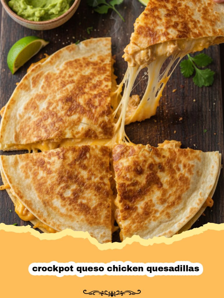 Golden brown crockpot queso chicken quesadillas sliced on a wooden board with dipping sauce