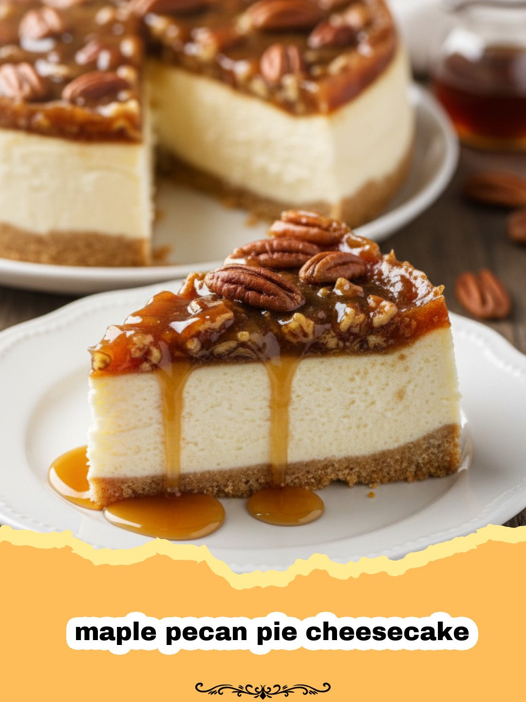 A beautiful maple pecan pie cheesecake with a thick layer of glazed pecans on top.