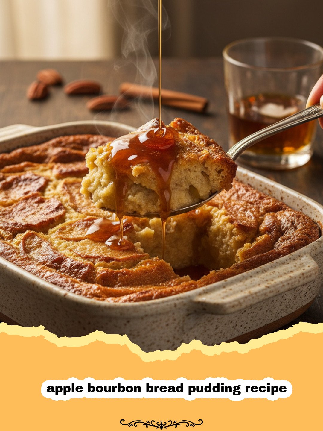 apple bourbon bread pudding recipe - A golden-brown apple bourbon bread pudding in a white ceramic dish