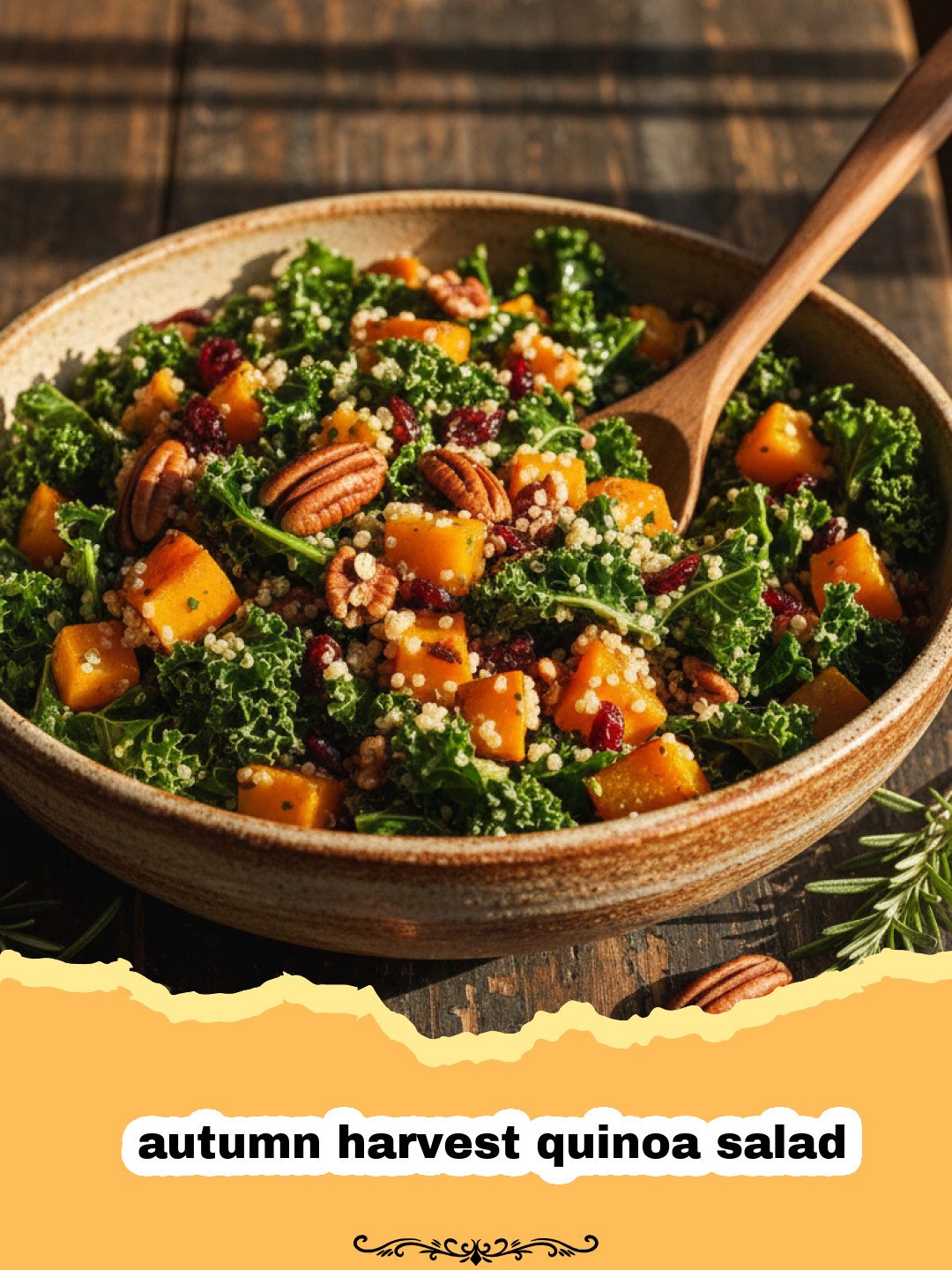 The Ultimate Autumn Harvest Quinoa Salad with Roasted Veggies 3 A large bowl of autumn harvest quinoa salad with roasted squash and kale