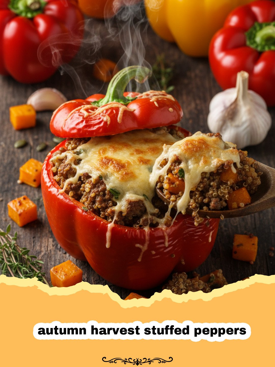 A tray of four autumn harvest stuffed peppers filled with quinoa and colorful vegetables.