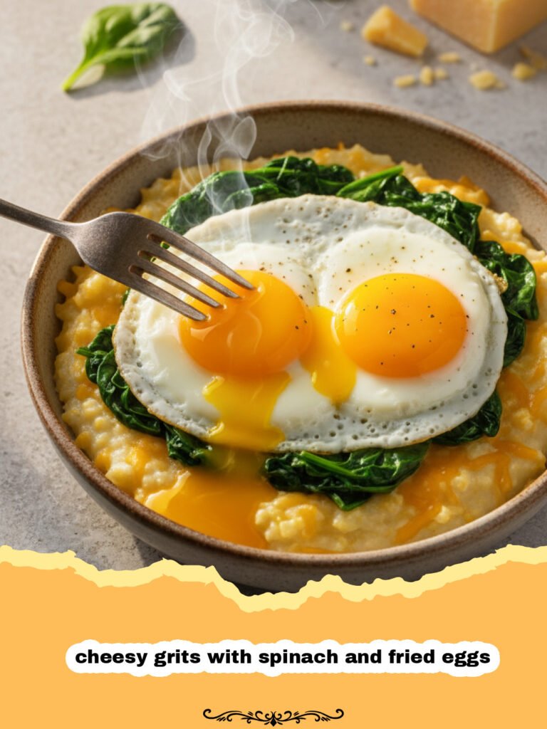 The Ultimate Cheesy Grits with Spinach and Fried Eggs 5 cheesy grits with spinach and fried eggs - A bowl of creamy cheesy grits topped with green spinach and a golden fried egg