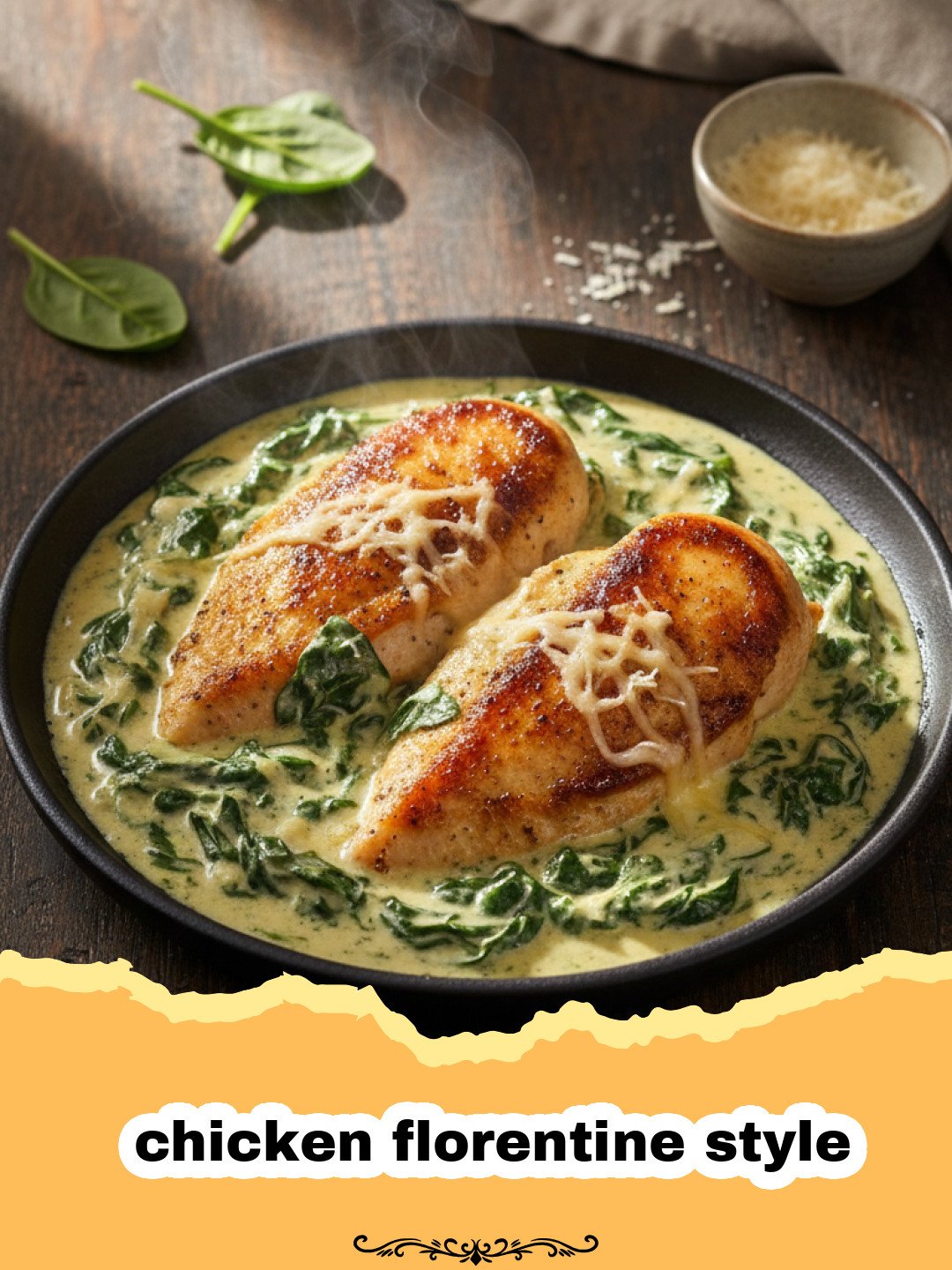 A close-up shot of creamy chicken florentine style served in a skillet with fresh spinach.