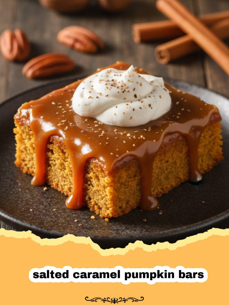 A close-up shot of several salted caramel pumpkin bars stacked on a wooden board, drizzled with golden caramel and sea salt.