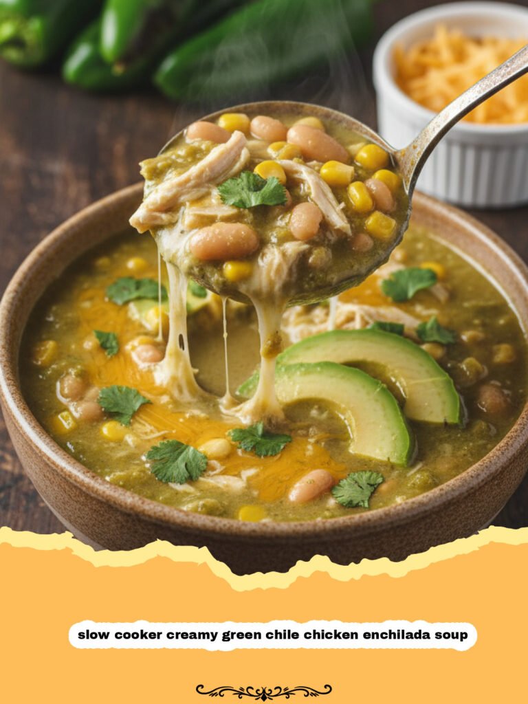 A bowl of slow cooker creamy green chile chicken enchilada soup topped with avocado and cilantro.