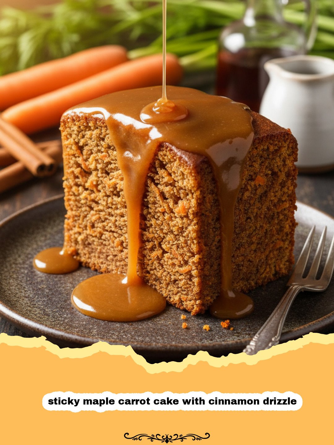 The Ultimate Decadent Sticky Maple Carrot Cake with Cinnamon Drizzle 3 A close up of a slice of sticky maple carrot cake with cinnamon drizzle showing the moist texture and pecans.