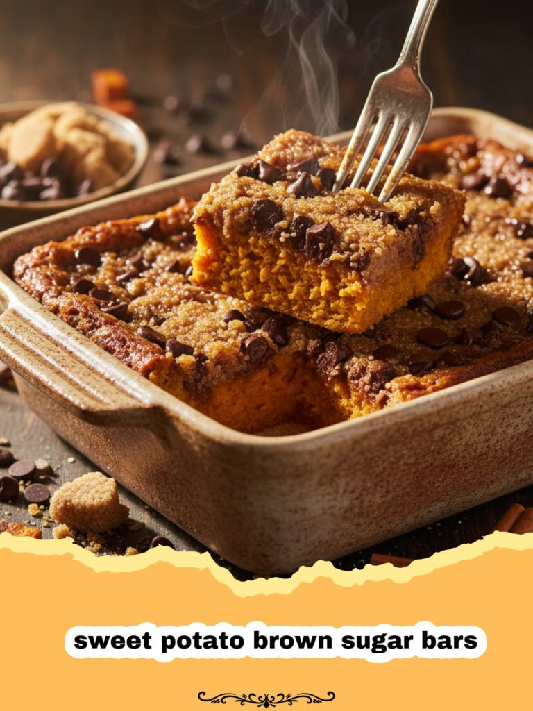 The Ultimate Sweet Potato Brown Sugar Bars for Autumn Baking 5 A tray of freshly sliced sweet potato brown sugar bars on a wooden board.