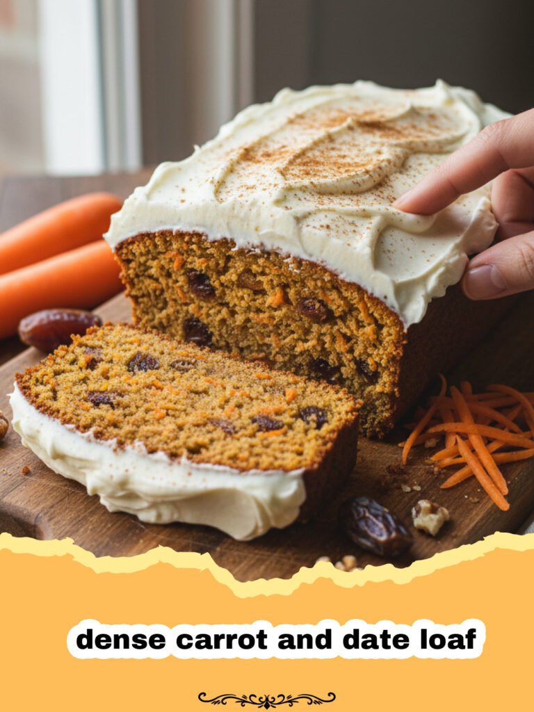 A close-up of a sliced dense carrot and date loaf on a wooden board.