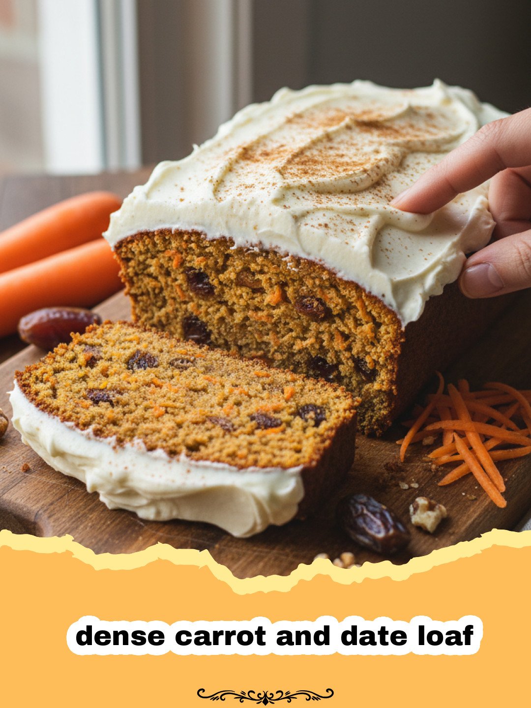 A close-up of a sliced dense carrot and date loaf on a wooden board.