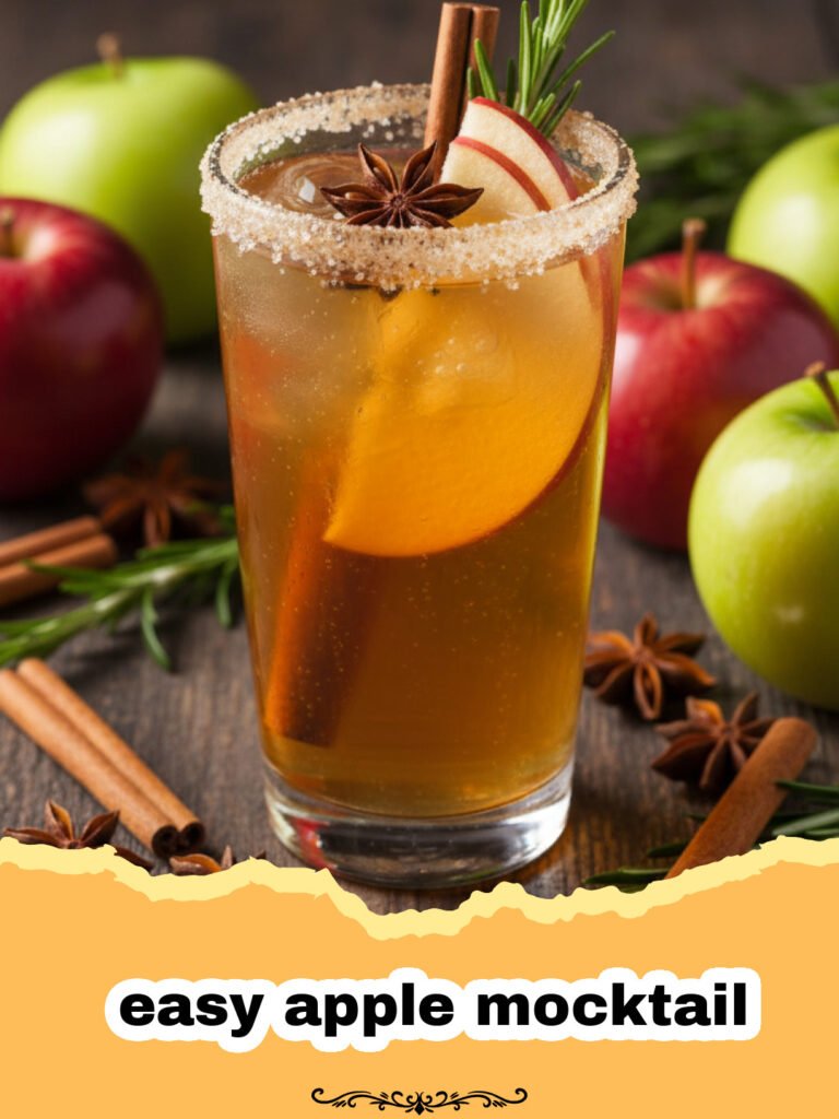 The Perfect Easy Apple Mocktail for Your Next Holiday Gathering 5 A sparkling easy apple mocktail in a glass with cinnamon and apple garnishes.