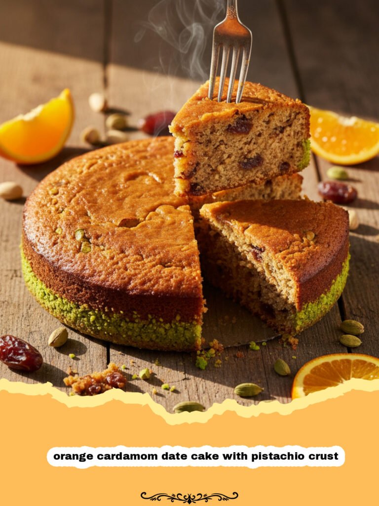 A beautiful orange cardamom date cake with pistachio crust on a wooden serving board.