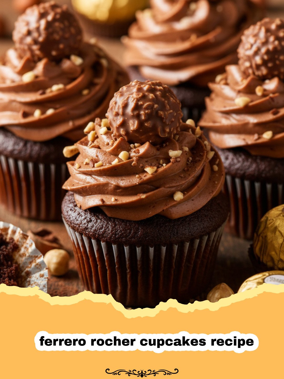 ferrero rocher cupcakes recipe - Close-up of a Ferrero Rocher cupcake with hazelnut frosting and a gold truffle on top