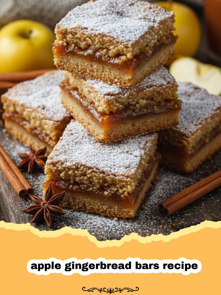 apple gingerbread bars recipe - A close up shot of a sliced apple gingerbread bar on a wooden plate.