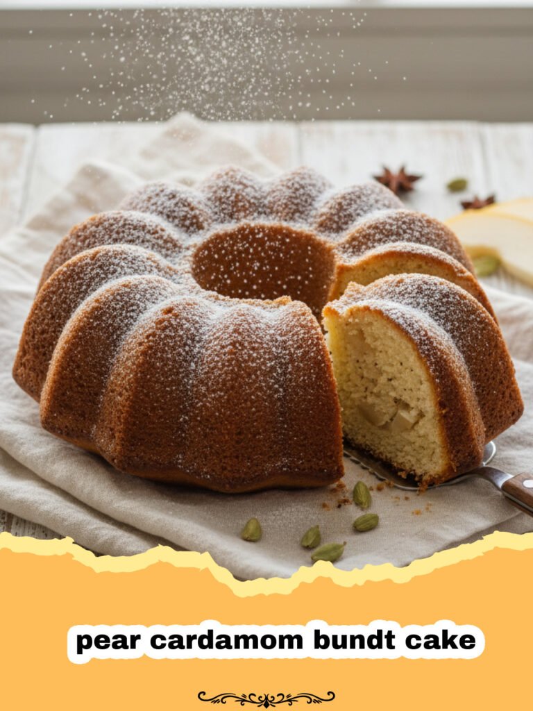 A golden brown pear cardamom bundt cake on a wire rack with a light dusting of powdered sugar.