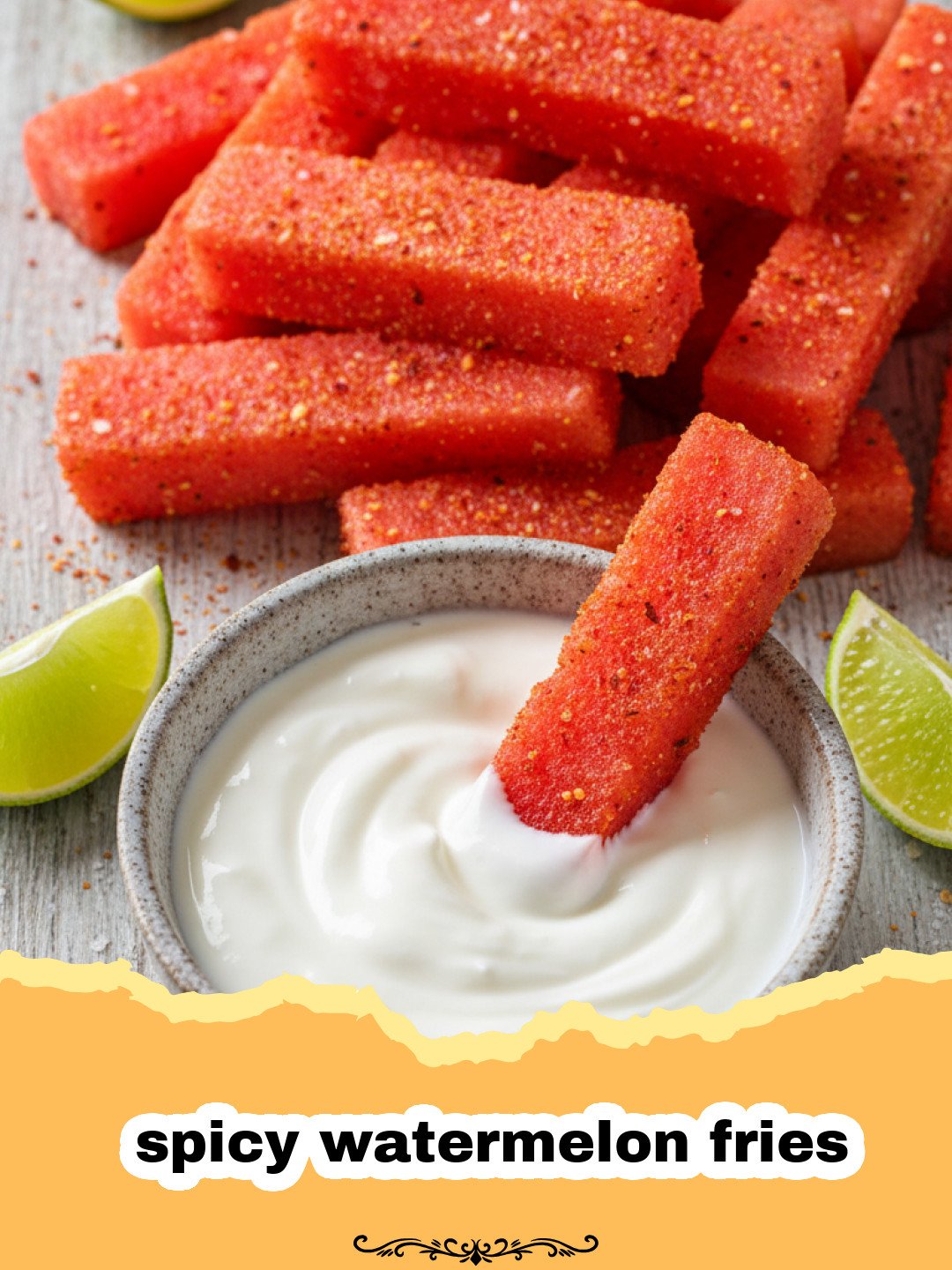 The Refreshing and Bold Spicy Watermelon Fries You’ll Make All Summer 3 A vibrant platter of spicy watermelon fries dusted with red chili seasoning and garnished with lime wedges.