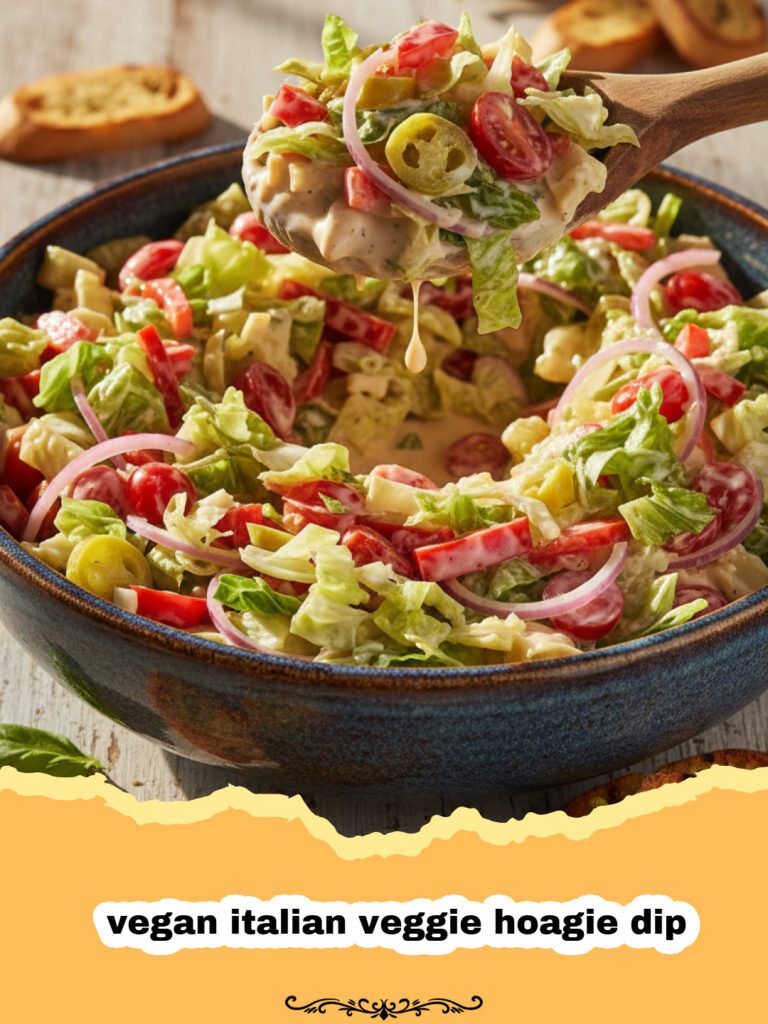 The Ultimate Vegan Italian Veggie Hoagie Dip That Everyone Loves 5 A colorful bowl of vegan italian veggie hoagie dip with chopped lettuce, vegan meats, and peppers