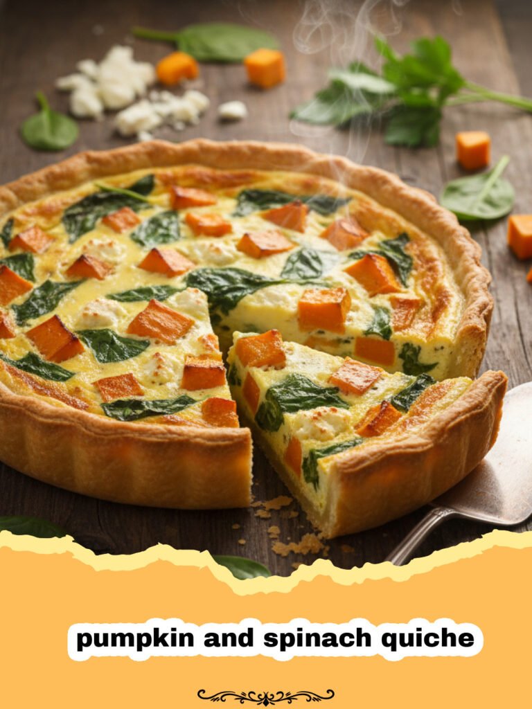 The Most Delicious Pumpkin and Spinach Quiche for Your Next Brunch 5 A golden-brown pumpkin and spinach quiche on a wooden table