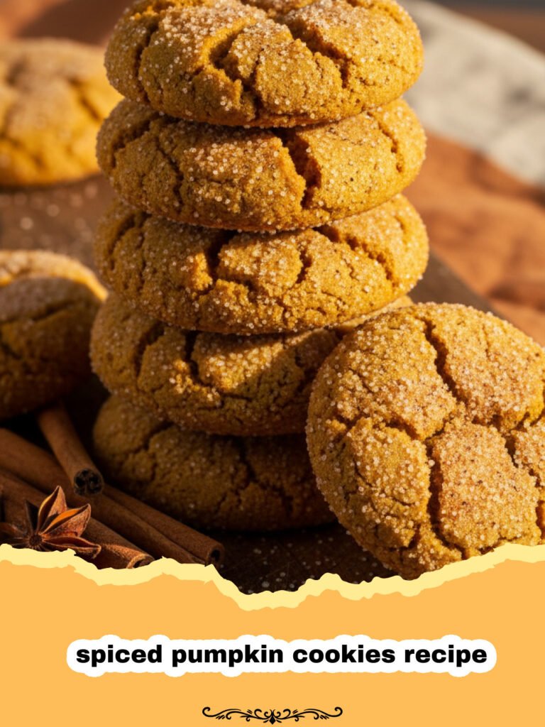 spiced pumpkin cookies recipe - A tray of soft spiced pumpkin cookies sitting on a rustic wooden table with autumn leaves.