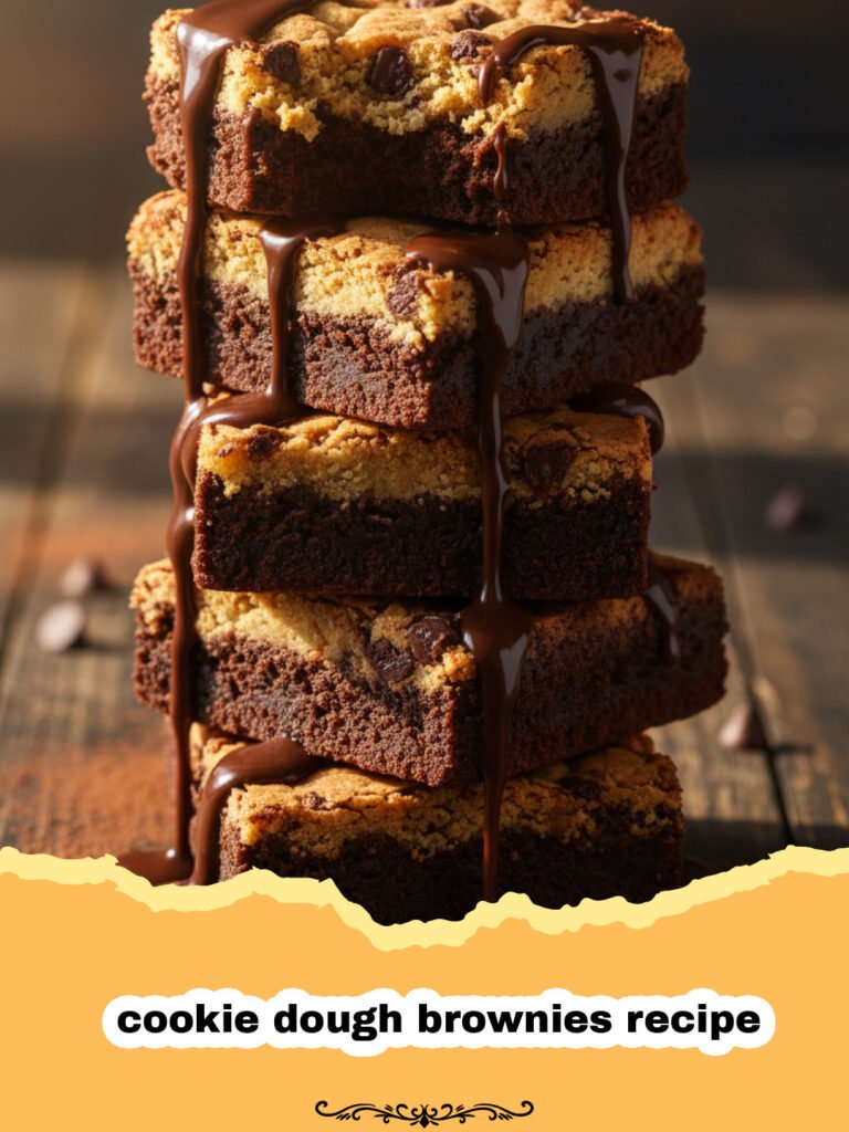 cookie dough brownies recipe - Close up of a layered brownie with a thick cookie dough topping and chocolate chips