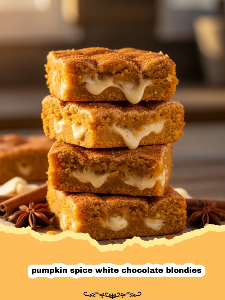 A tray of freshly baked pumpkin spice white chocolate blondies cut into squares.