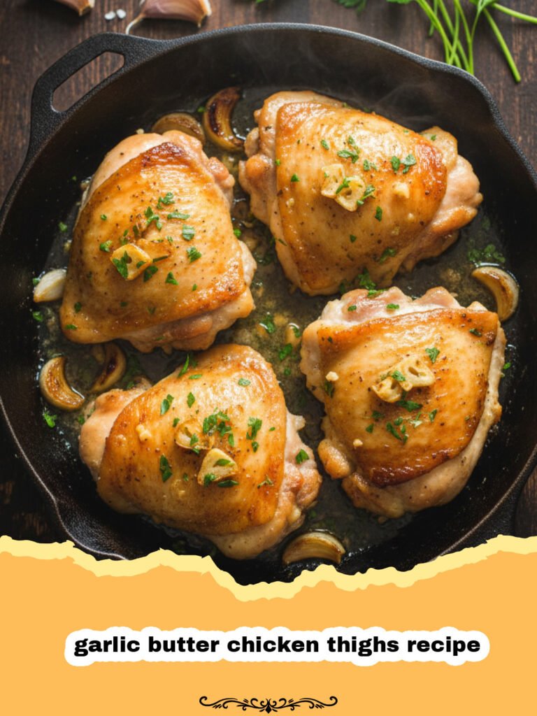 garlic butter chicken thighs recipe - Golden brown crispy chicken thighs in a skillet with garlic butter sauce and rosemary.