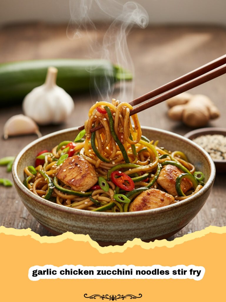 A close-up of a skillet filled with garlic chicken zucchini noodles stir fry garnished with green onions.