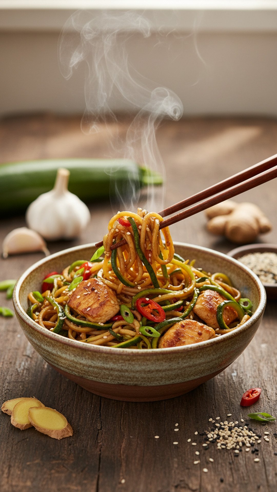 Garlic Chicken Zucchini Noodles Stir Fry Preparation