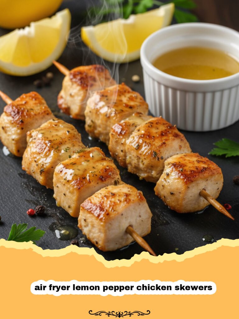 Close up of air fryer lemon pepper chicken skewers on a white plate with lemon wedges.