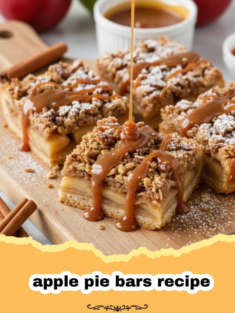 apple pie bars recipe - A close-up shot of several apple pie bars stacked on a rustic wooden board, showing the layers of crust, apples, and crumble.