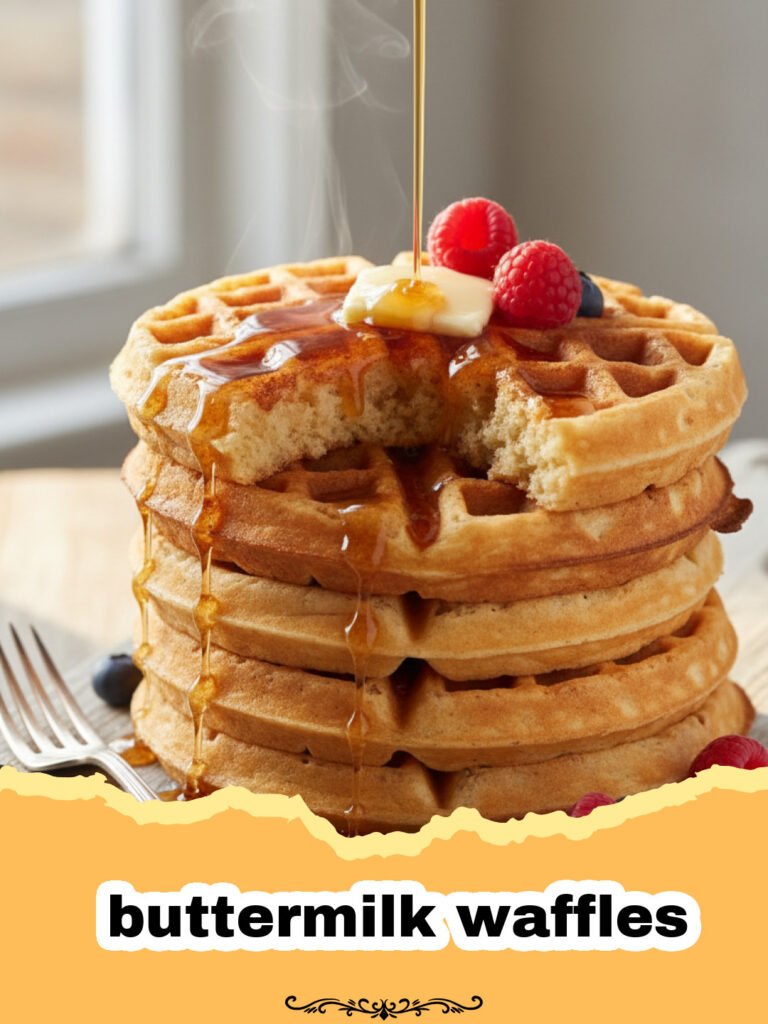 A stack of golden brown buttermilk waffles topped with butter and syrup
