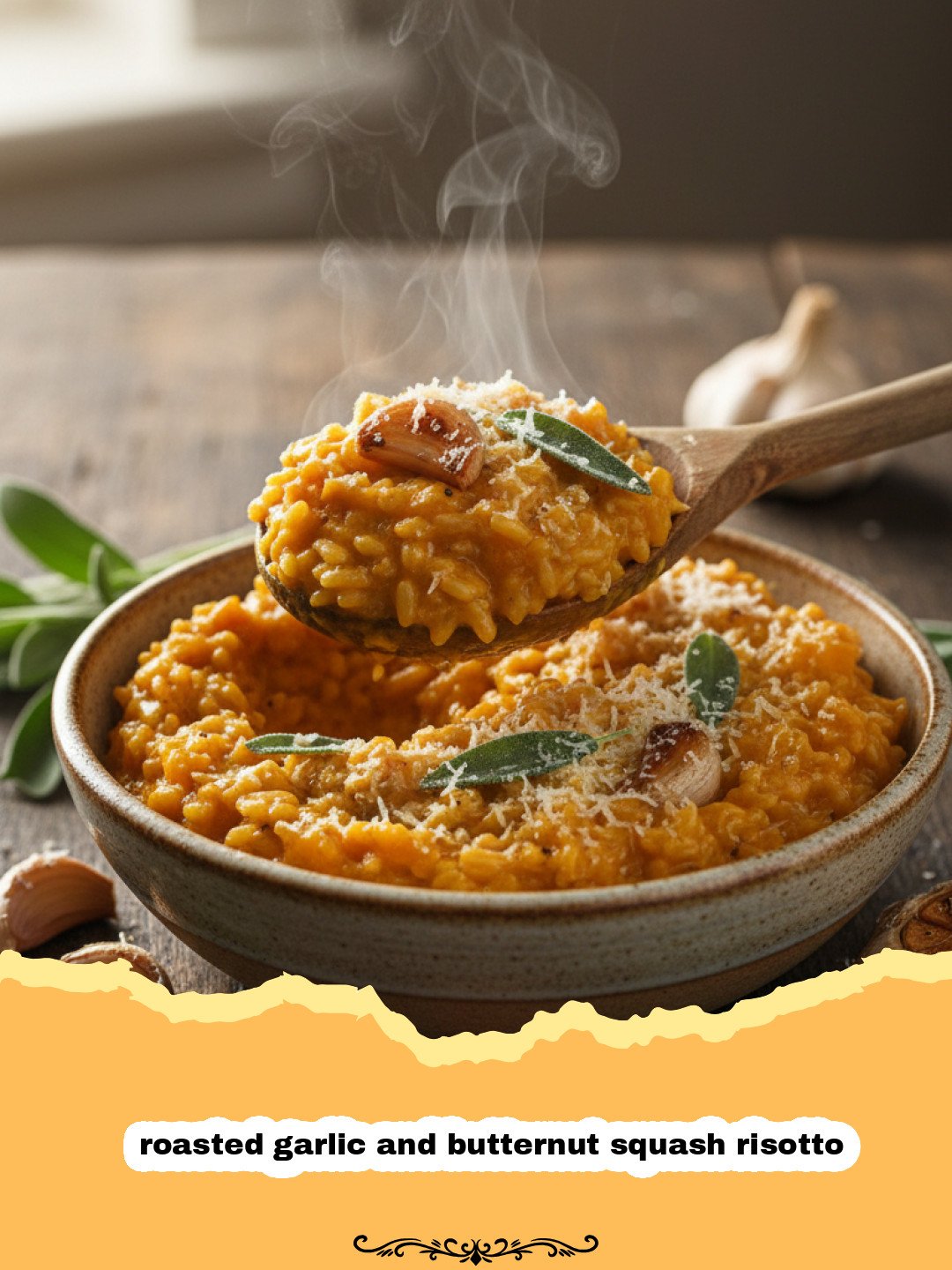 A bowl of creamy roasted garlic and butternut squash risotto topped with herbs and cheese.