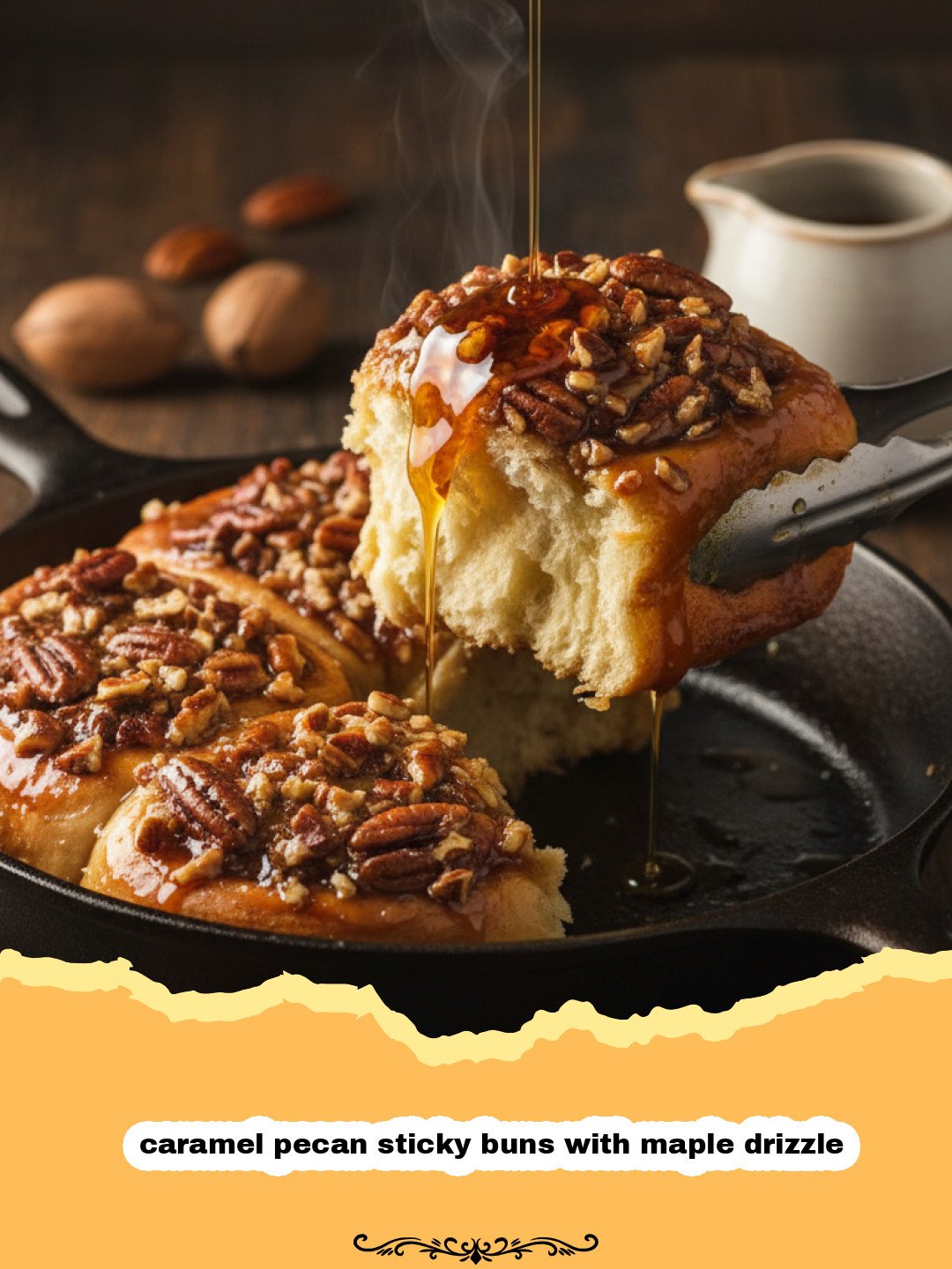 Close up of gooey caramel pecan sticky buns with maple drizzle being pulled apart.