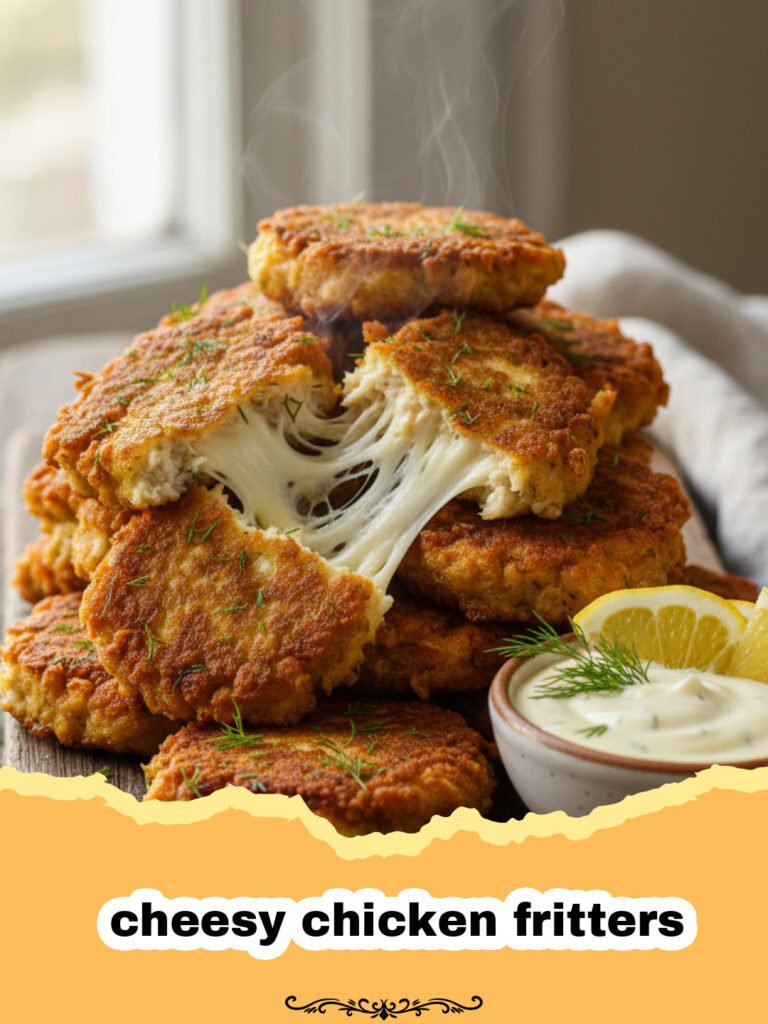 The Ultimate Crispy and Cheesy Chicken Fritters 5 A plate of golden brown cheesy chicken fritters garnished with fresh parsley.