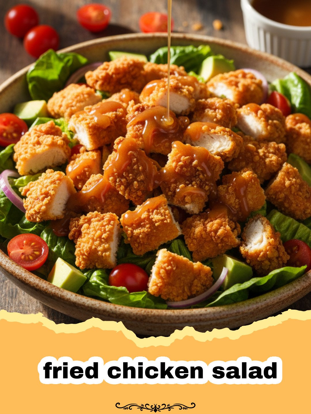 A vibrant fried chicken salad topped with crispy golden chicken strips and honey mustard dressing
