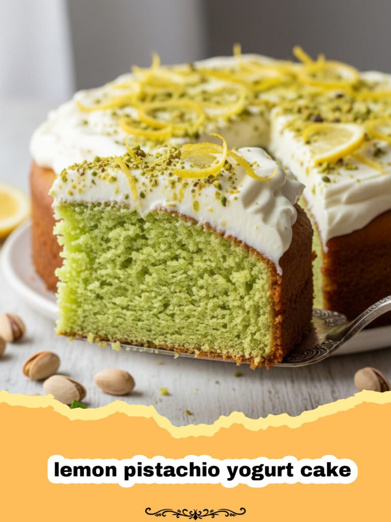 The Most Delicious Lemon Pistachio Yogurt Cake 5 Slices of moist lemon pistachio yogurt cake topped with glaze and chopped nuts