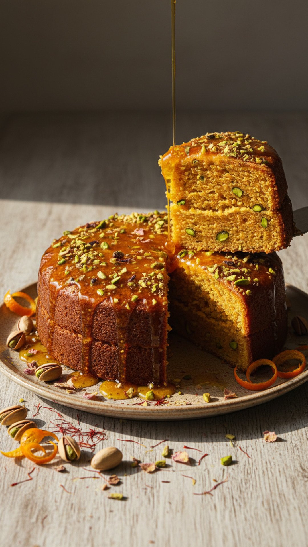 Golden Orange Saffron and Pistachio Cake with Syrup Preparation