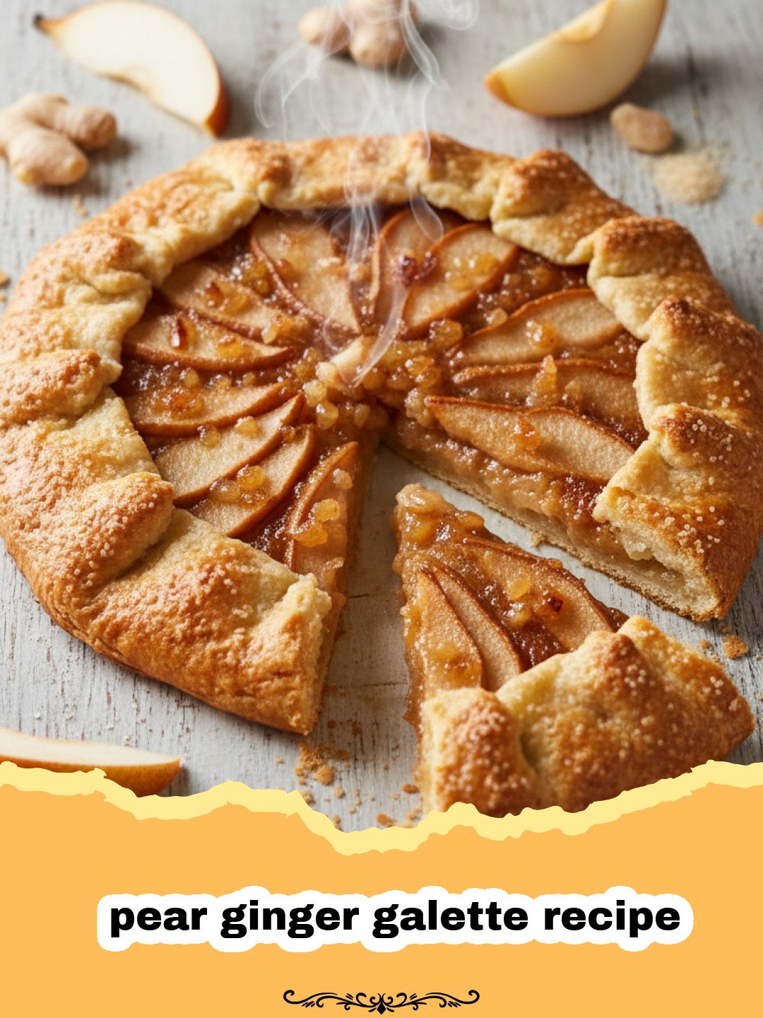 pear ginger galette recipe - A rustic pear ginger galette with golden crust and sliced pears on a baking sheet.
